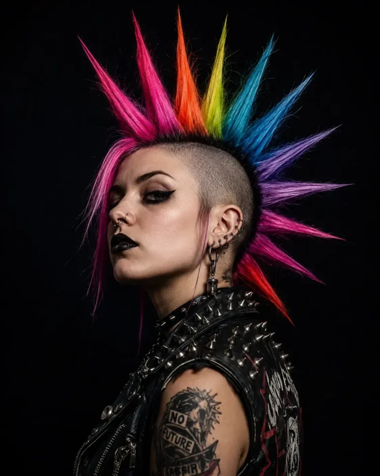 A tattooed female punk with brightly-colour liberty spikes