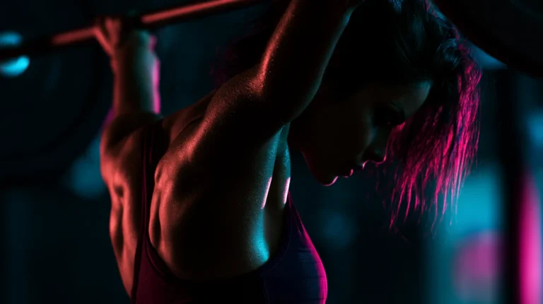 A female bodybuilder lifting a barbell without colourful neon lighting highlights