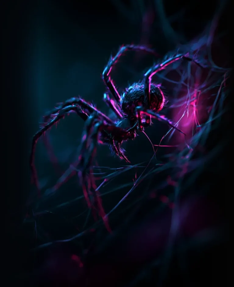 A spider crawling across its web, lit by colourful accents